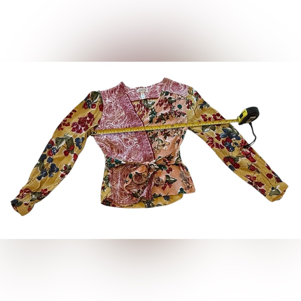 Anthropologie Meadow Rue Floral Patchwork Wrap Blouse - Yellow, Pink, Black - Picture 11 of 16